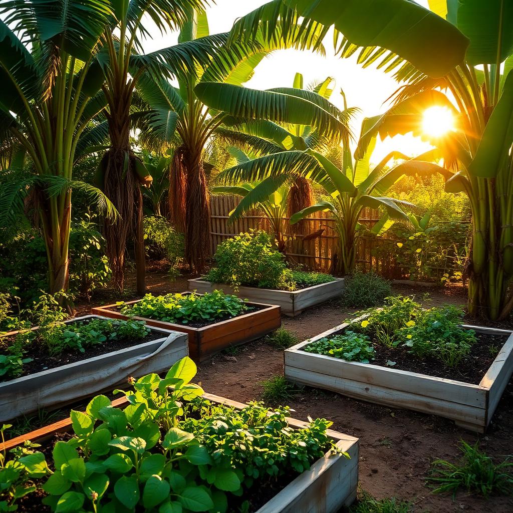 Organic farm beds under banana trees