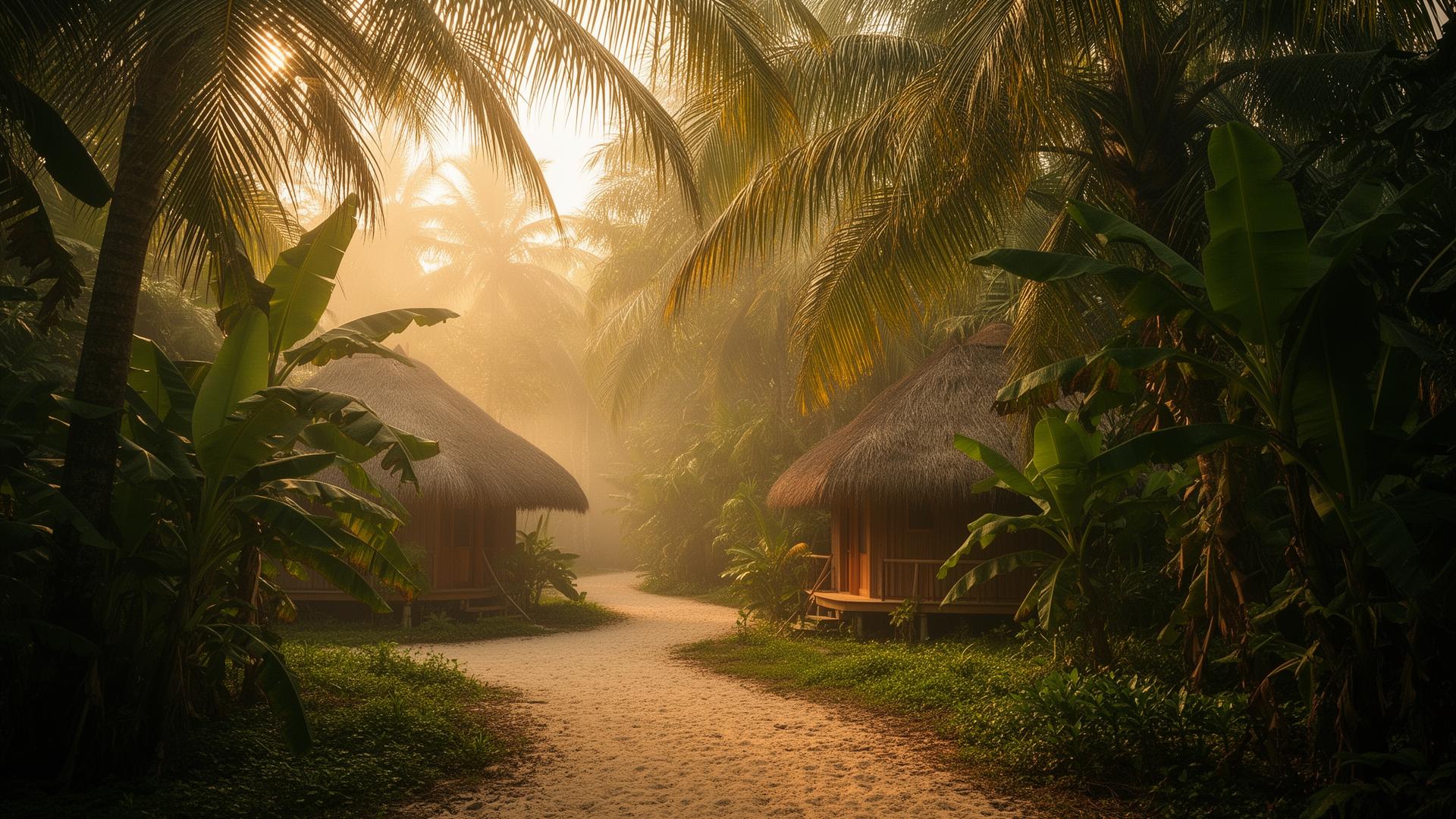 Thatched bandas in the Zanzibar jungle at golden hour
